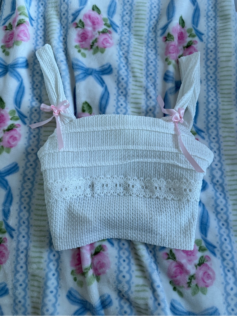 SHEIN White Knit Lace-Trim Bandeau Top with Pink Ribbon Bows